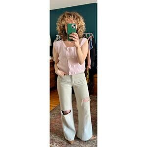 1980's Pale Pink Short Sleeve Cropped Knit Top | Women's Small Top